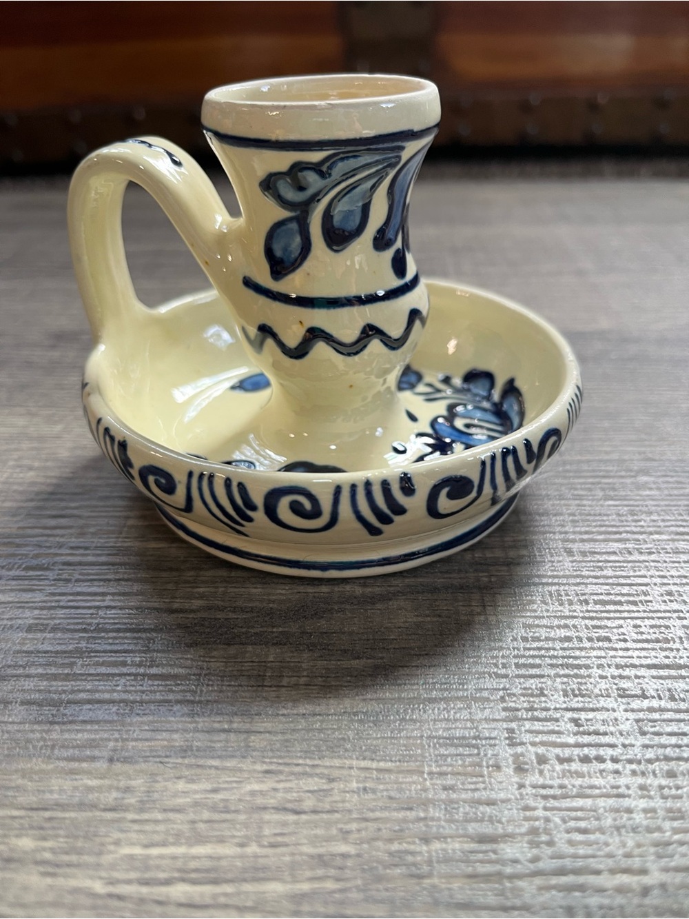 Hand-Painted Ceramic KOROND Chamberstick Candle Holder in Cream and Blue. Floral